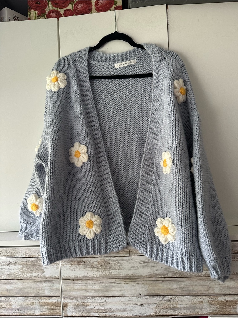 🌼 Altar’d State XL Blue Chunky Knit Daisy Flower Open Front Cardigan
